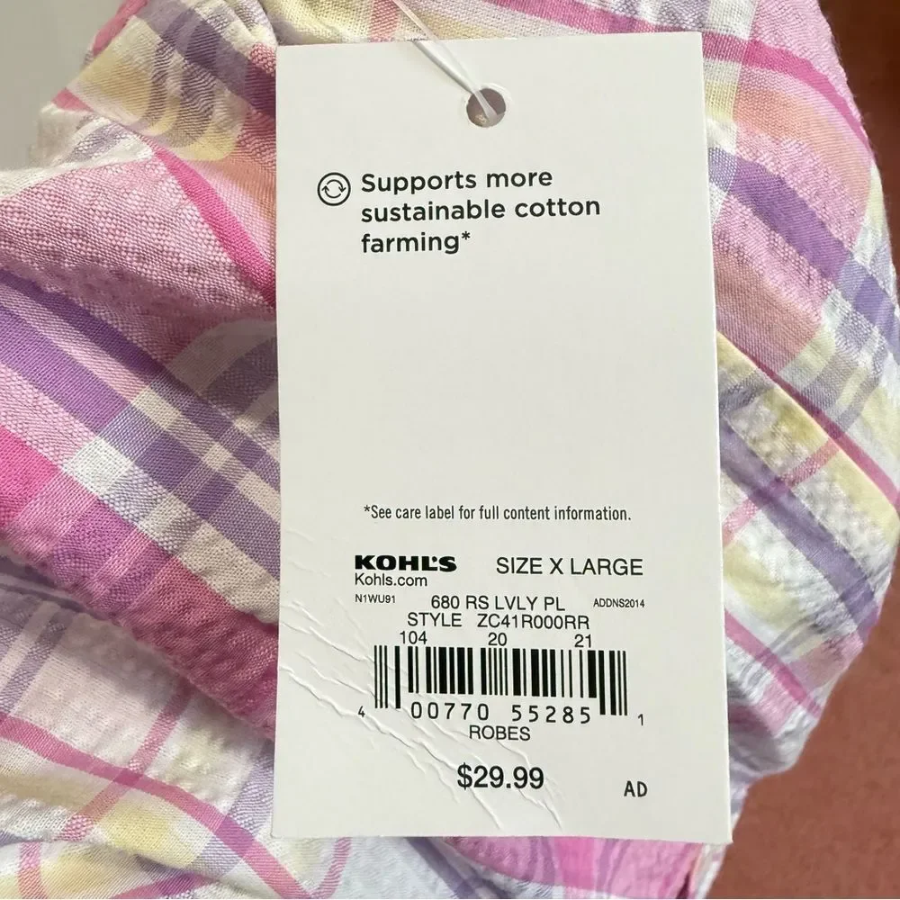 NWT Croft & Barrow Pink Purple Plaid Seersucker Zip-Up Housecoat Robe Sz XL NEW